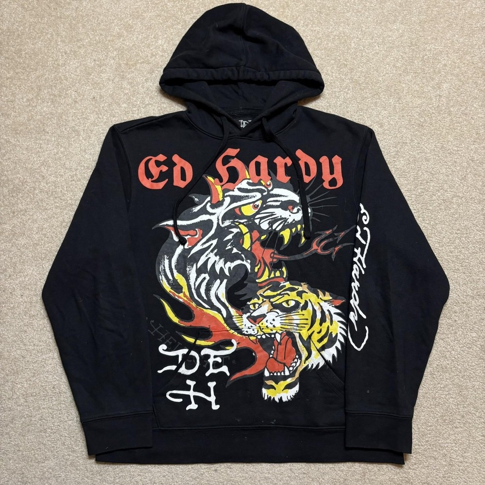 Ed Hardy Hoodie Sweatshirt Mens Medium Black Tiger Graphic Tattoo Art Pullover